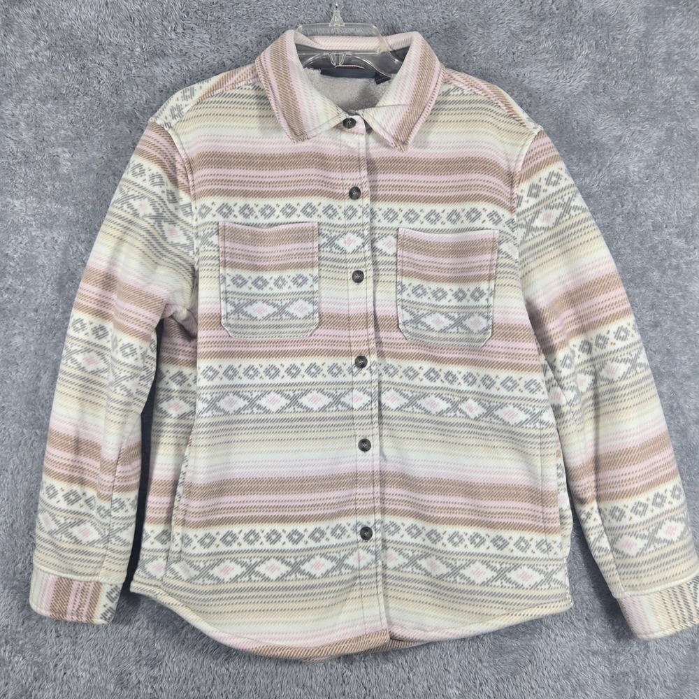 Free Country Womens Fleece Shirt Jacket Faux Fur Lined Pink Geometric Shacket M